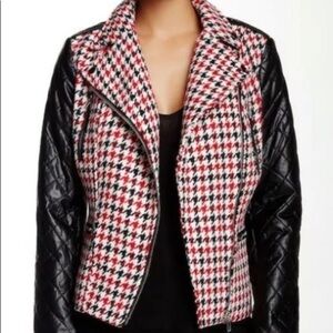 NEW Kut from the Kloth Red Black Quilted Faux Leather Houndstooth Moto Jacket S